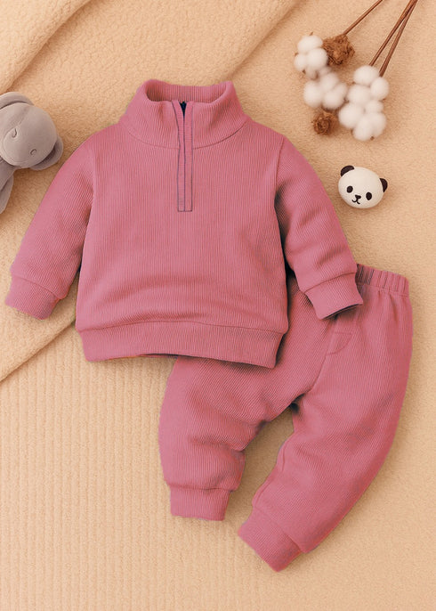 Ribbed High Neck Set (Magenta)